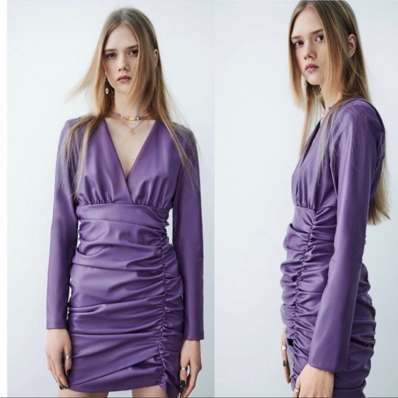 Blogger Fave Zara purple/lavander faux leather ruched mini dress - Picture 1 of 16
